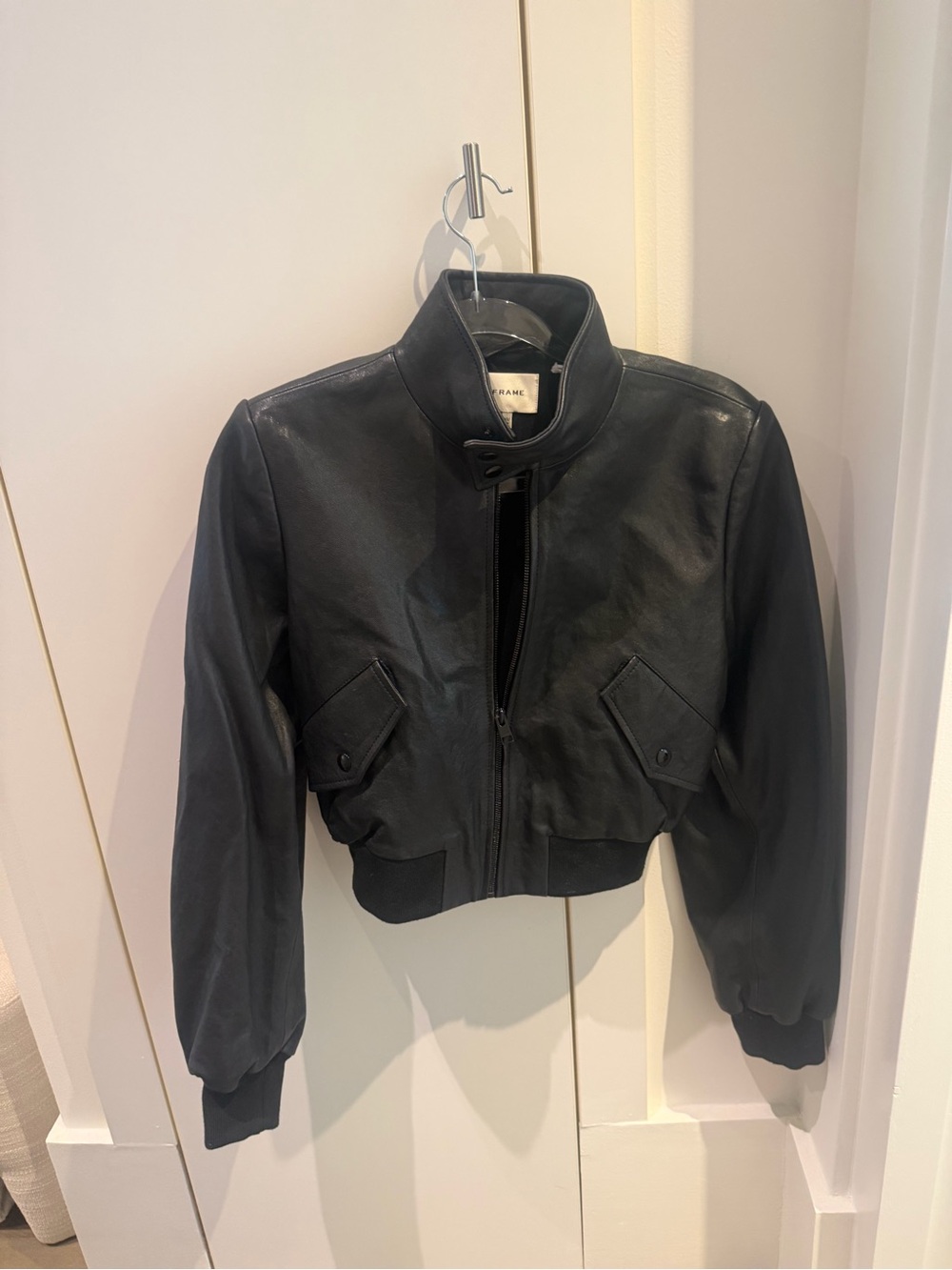 Frame Denim Black Leather Bomber Jacket